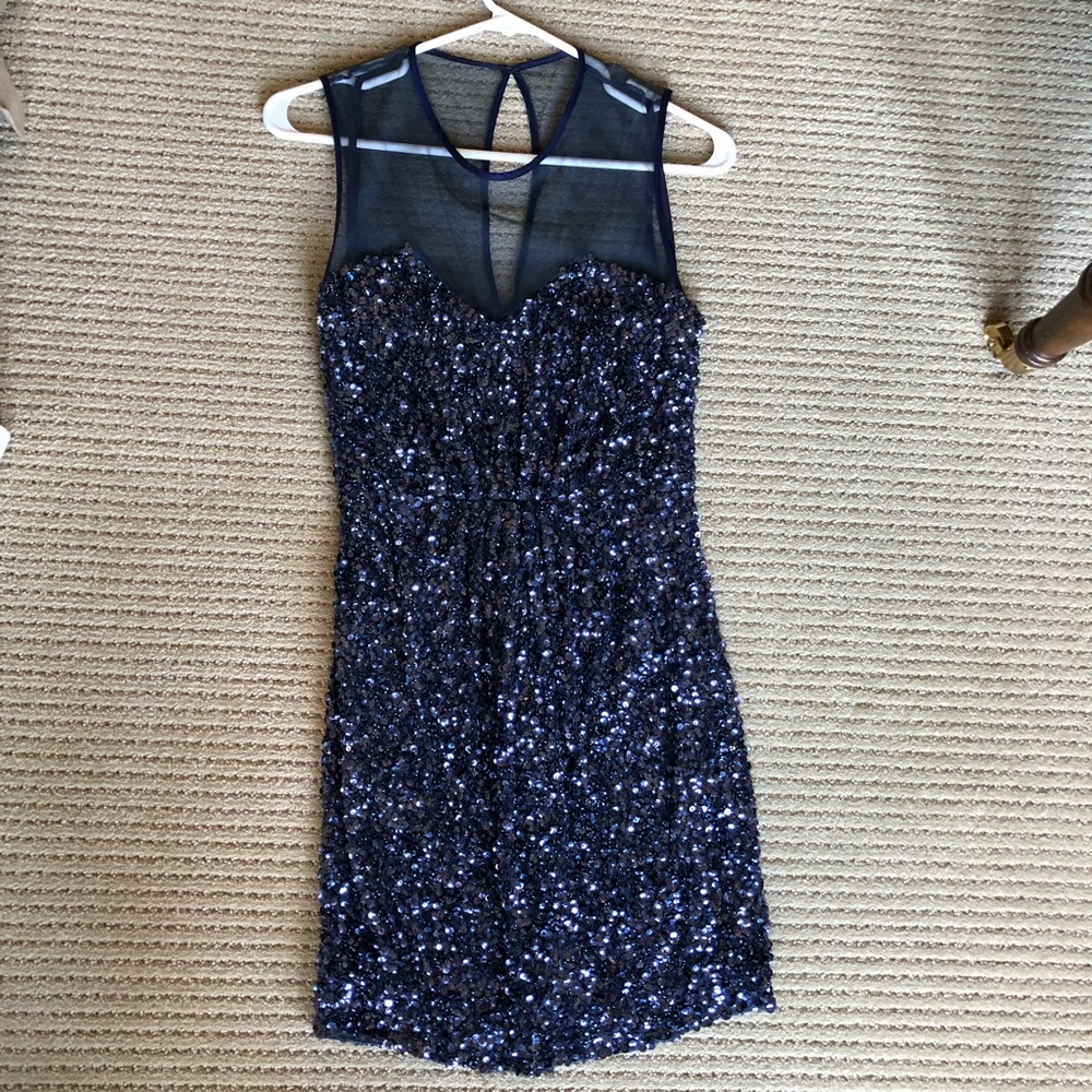 Parker Blue Beaded Dress with Mesh